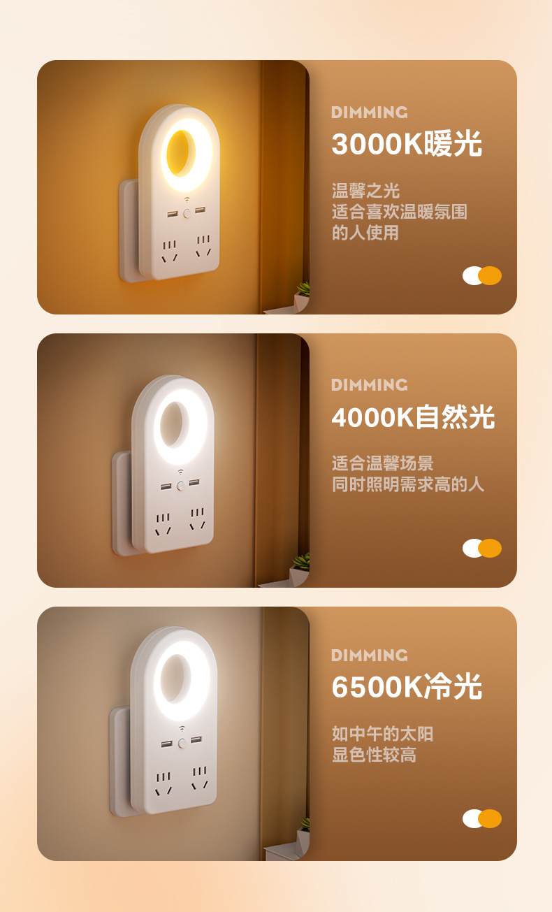 智能语音声控小夜灯带插座usb多功能插排家居LED柔光宿舍护眼台灯详情8