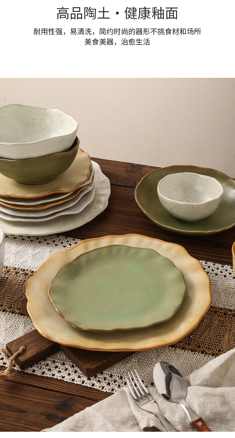 Retro-style rough pottery high-temperature resistant tableware, household vegetable plates, rice bowls, soup bowls, water cups, irregular-shaped kiln-transformed dinner plates, creative plating pic 14