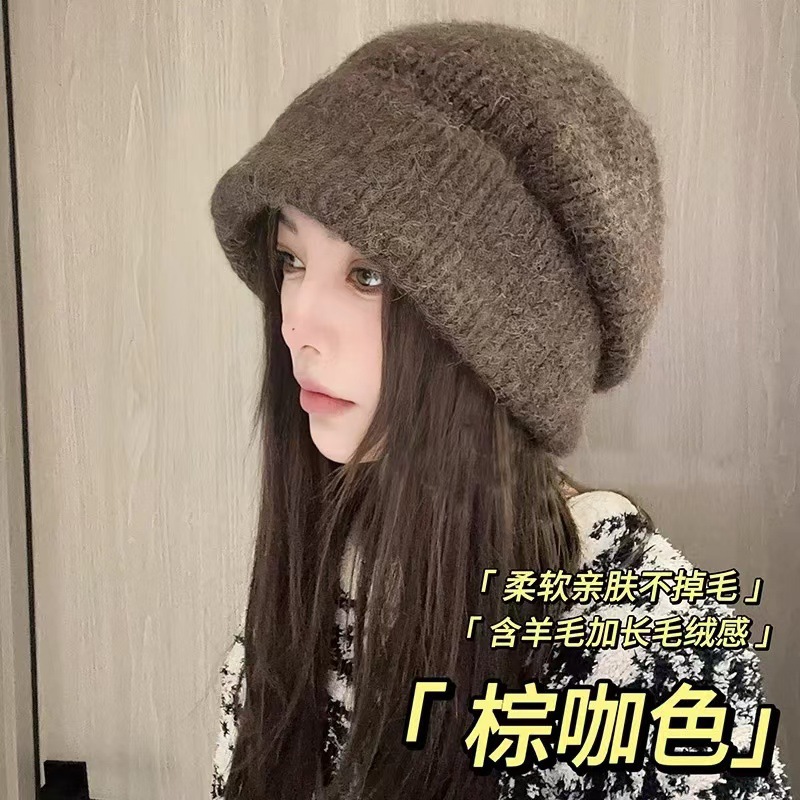 羊毛混纺混色加长毛绒感大版加厚堆堆帽女冷帽包头帽显脸小毛线帽详情3