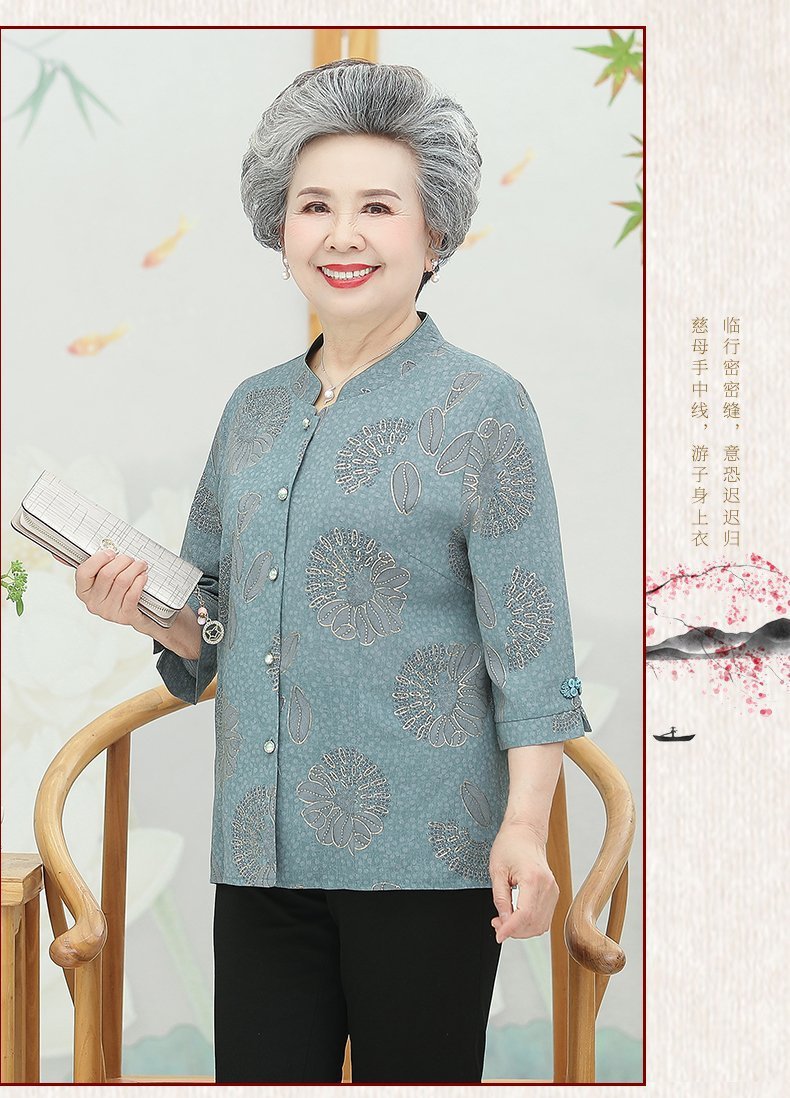 夏装衬衫女中老年人夏季七分袖套装妈妈短袖上衣老人太太妈妈款详情17