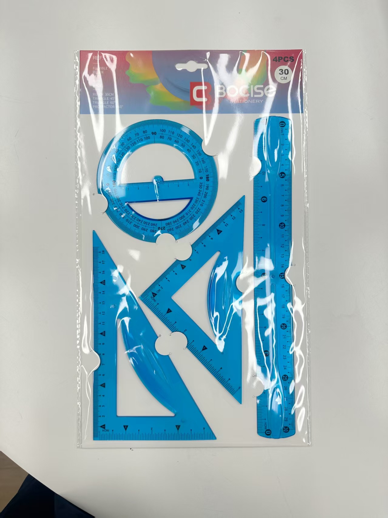 Venta directa de fábrica conjunto de cuatro piezas PVC soft sleeve rule triangular rule straight transferer en stock logotipo impreso texto de talento pic 4