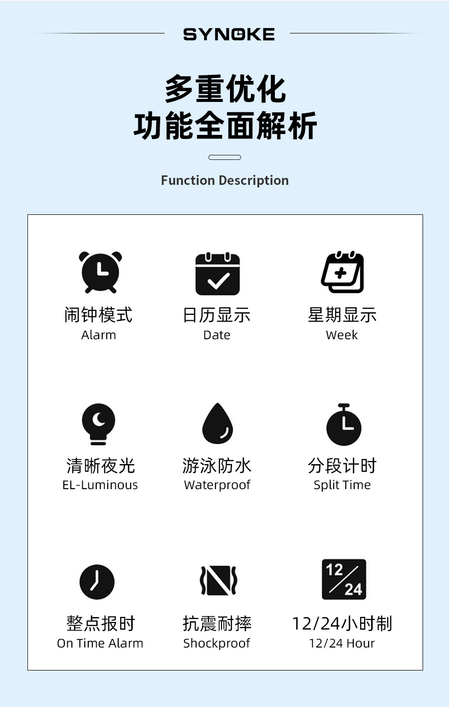 厂货SYNOKE轻薄方形经典学生手表电子表夜光防水运动男士小方块手详情3