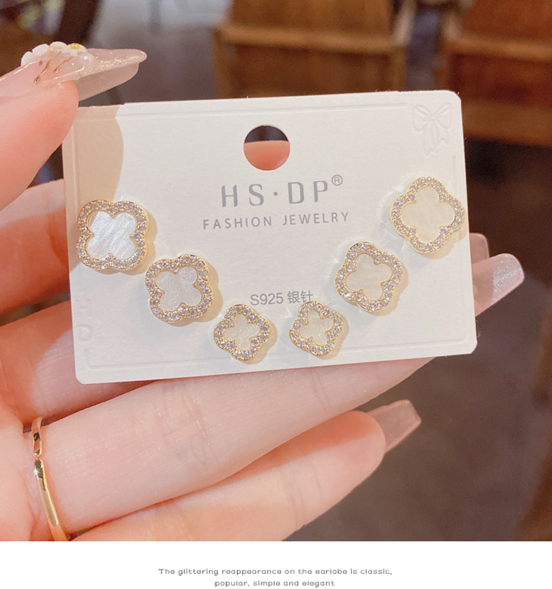 s925银针微镶锆石四叶花三件套耳钉女气质时尚简约小巧耳环耳饰女详情2