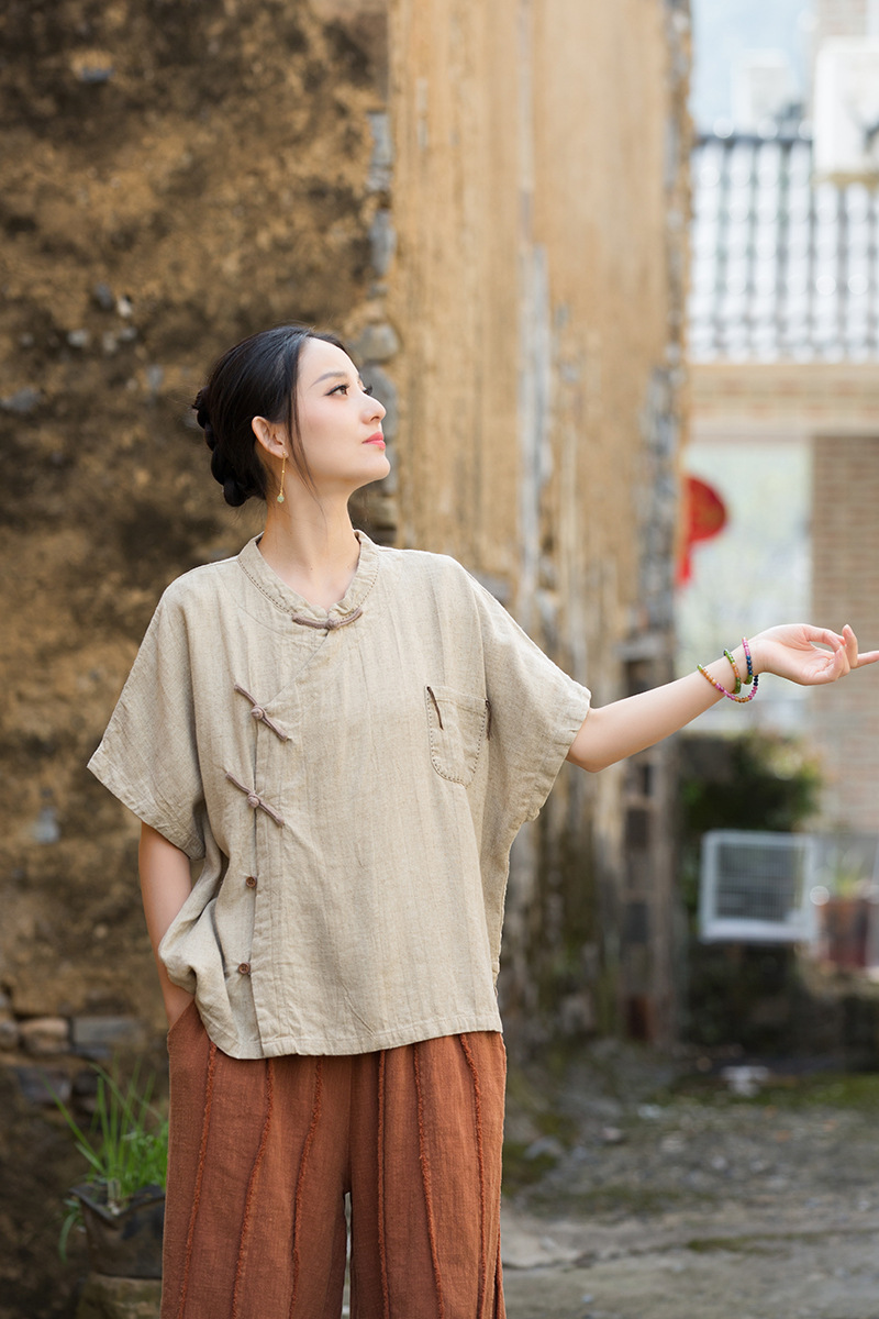 国潮2025夏棉麻女装亚麻扎染手缝线设计师款上衣斜襟盘扣新中式女开衫详情35