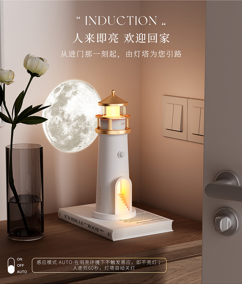 2025新款月光灯塔氛围灯 月亮月球卧室床头投影灯 人来即亮感应灯详情3