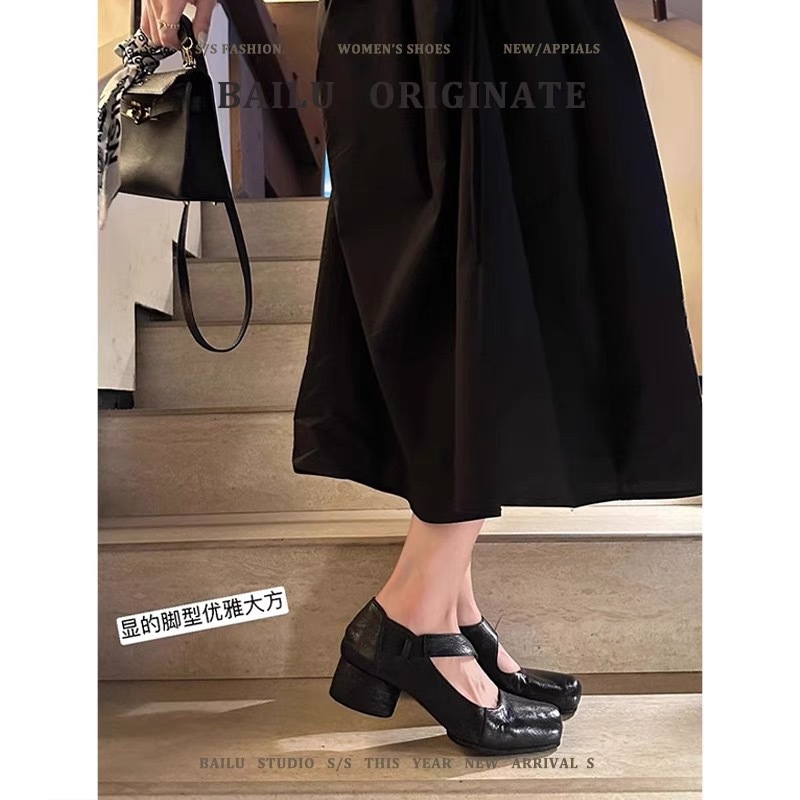 葡萄妈同款鞋复古做旧风质感马皮暗黑风方头粗跟单鞋女夏季详情33