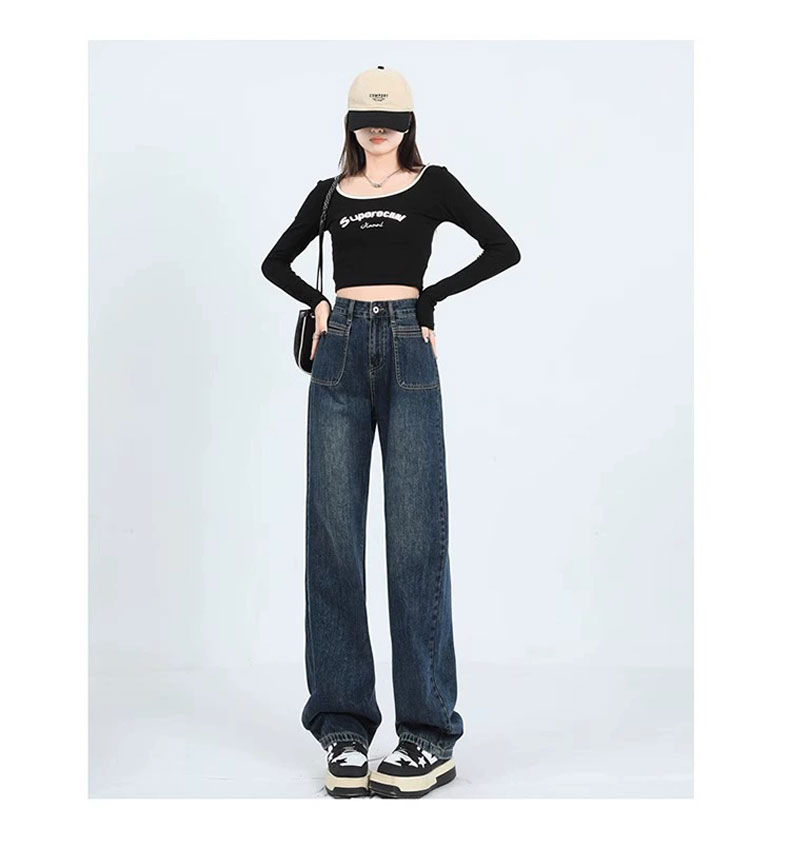 复古窄版阔腿牛仔裤女2024新款春秋高腰直筒宽松小个子垂感拖地裤详情7