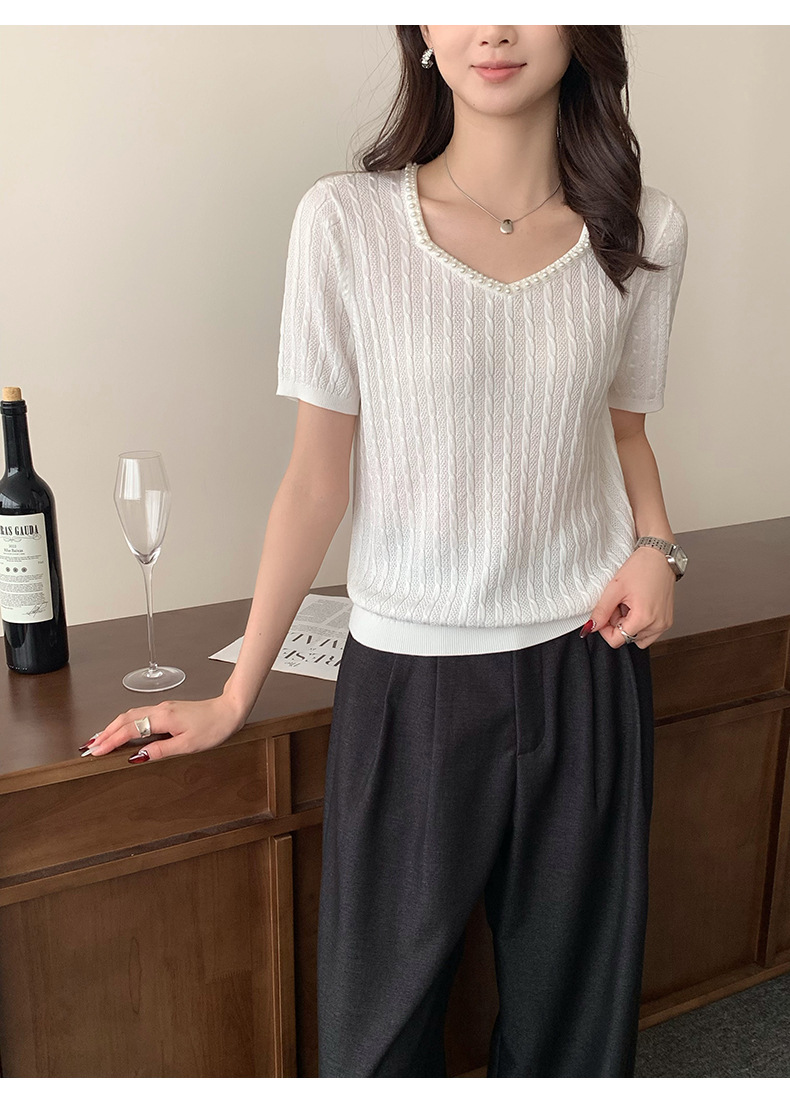 南油高端女装2026夏季新款珍珠装饰麻花纹针织短袖通勤气质上衣详情48