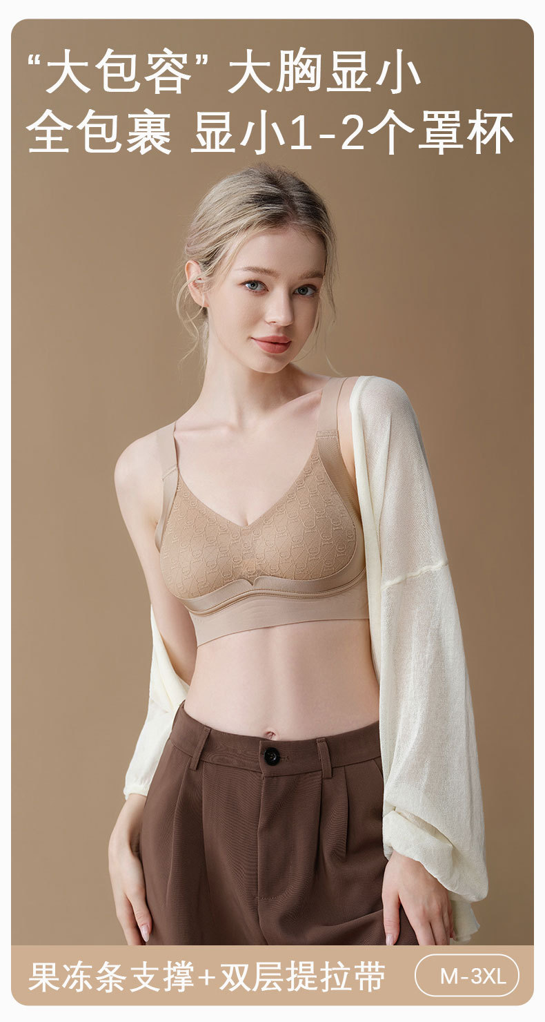 新款粉底液无痕提拉聚拢蕾丝内衣女大胸显小裸感舒适固定文胸罩详情2
