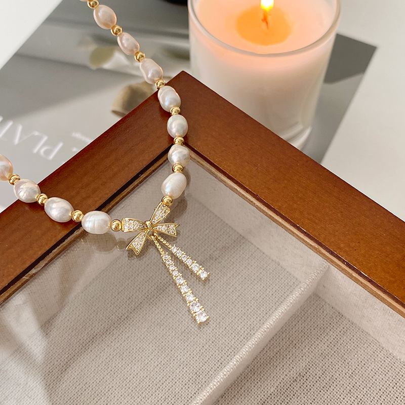 淡水珍珠项链微镶锆石蝴蝶结法式复古锁骨链铜珠间隔设计感项饰女详情26