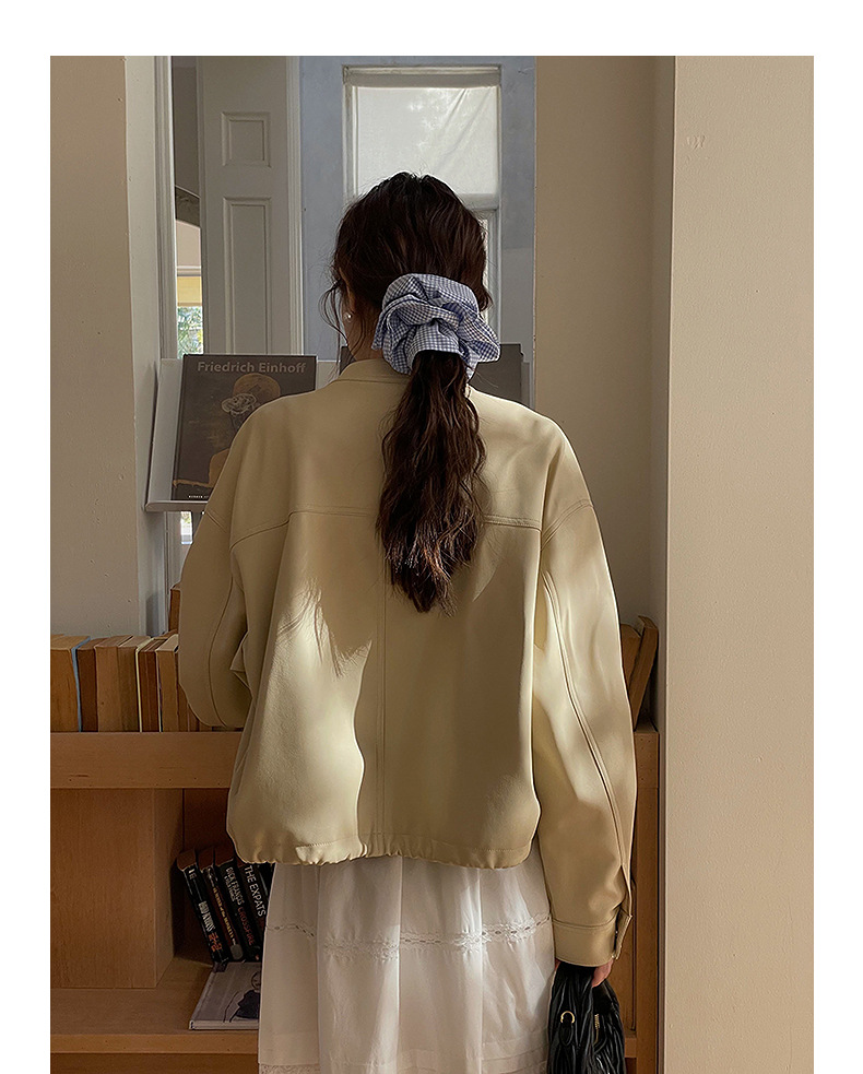 【歌铭】韩系通勤立领皮衣夹克女春季新款复古机车服短外套W733B详情29