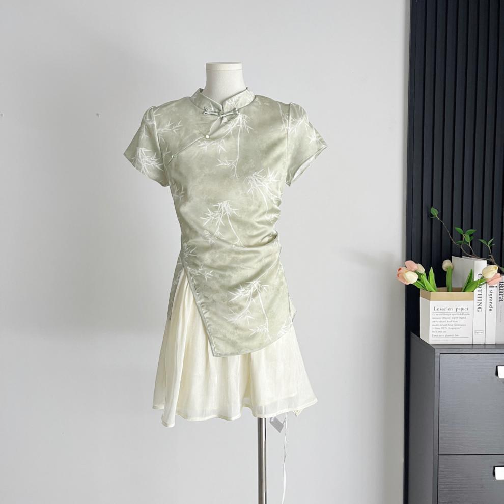 杨大卷国风假两件收腰连衣裙新中式绿色改良旗袍女不规则拼接清冷详情5