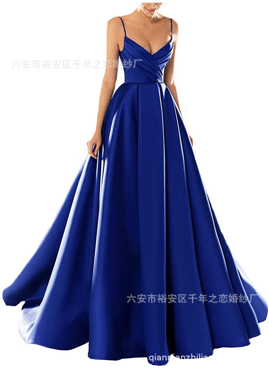 晚礼服欧美外贸2023新款春季中腰缎面粉色气质长款吊带宴会晚礼服详情8