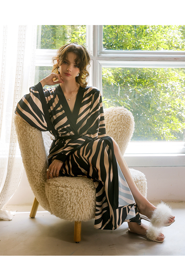 Feiyun French Silk lace-up Long Light Luxury Home wear, French retro zebra print long-sleeved bathrobe for women, 211 pic 11