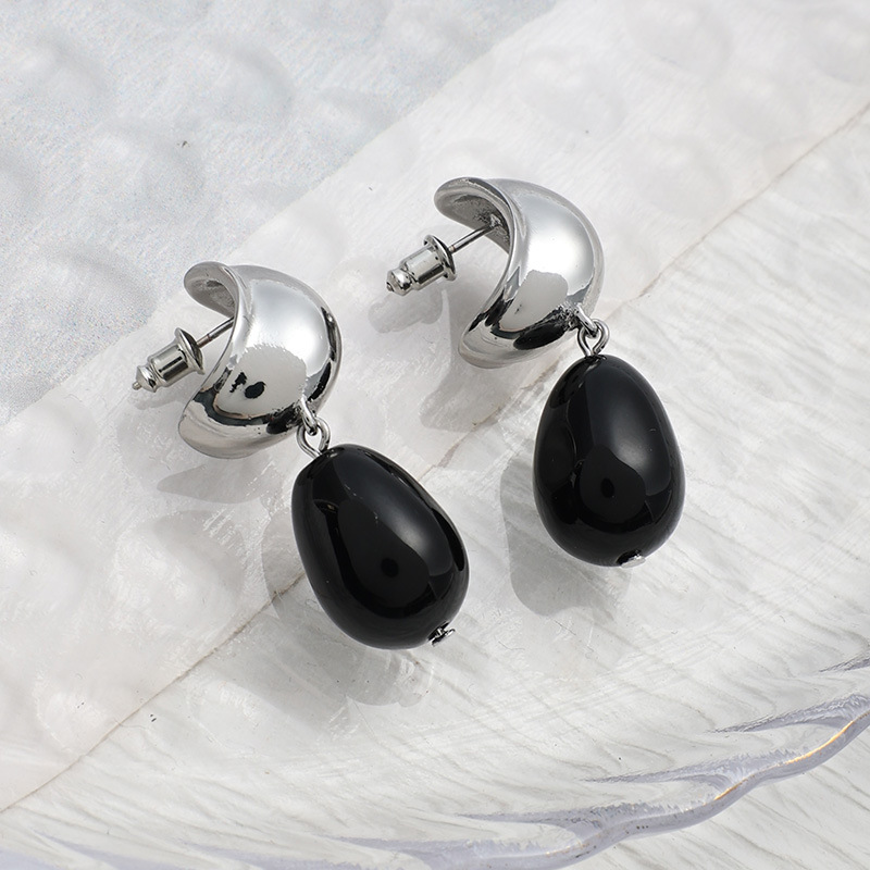 欧美小众复古黑玛瑙水滴项链耳环戒指女大号夸张黑色椭圆形耳钉详情10
