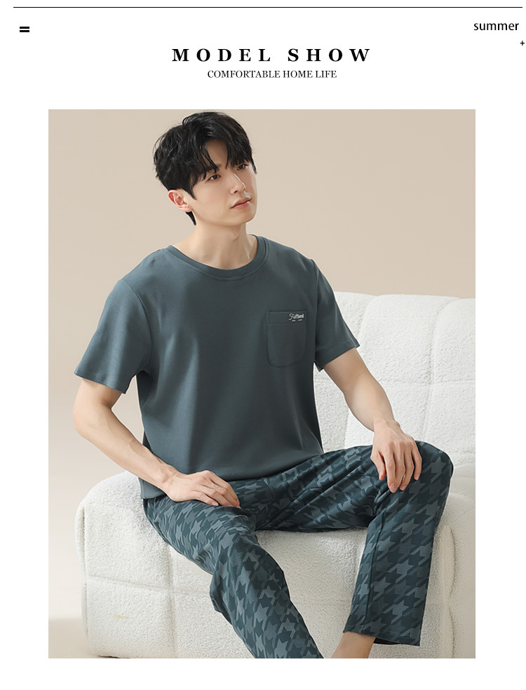 Summer pure cotton pajamas for men, cartoon casual short-sleeved shirts and long pants, pure cotton comfortable home wear, summer youth student set pic 72