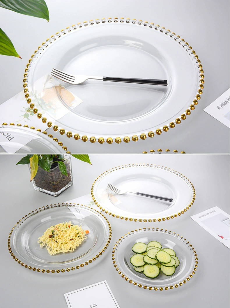Qixian Pearl Dot glass plates, European-style creative gold and silver pearl Western dinner plates, base plates, electroplated dinner plates, glass round plates pic 3