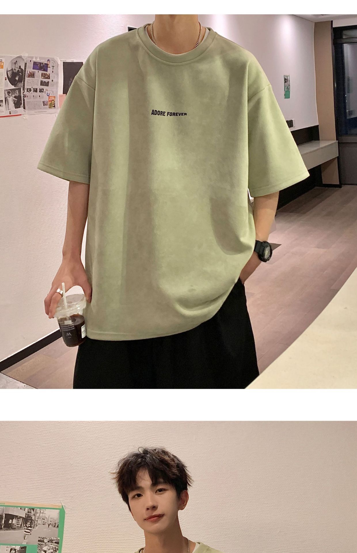 Avocado Green 320g heavyweight T-shirt for men, American retro suede short-sleeved, oversized small collar, three-quarter sleeve pic 6