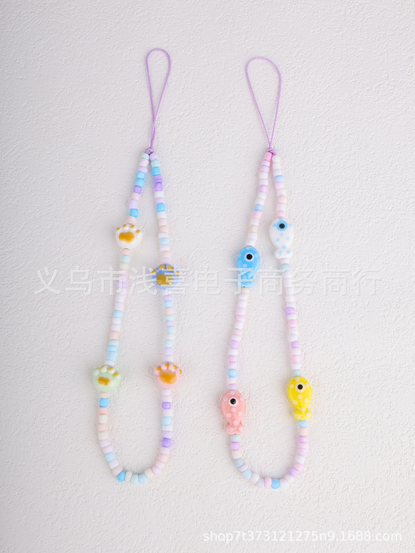 New Chinese-style ceramic rice bead cartoon character mobile phone chain, colorful cat paw little fish hand-woven pendant pic 3