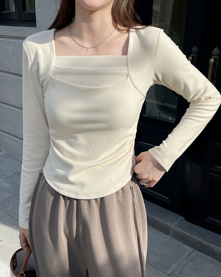 磨毛长袖t恤女秋冬内搭修身方领锁骨德绒打底衫短款上衣2024新款详情2