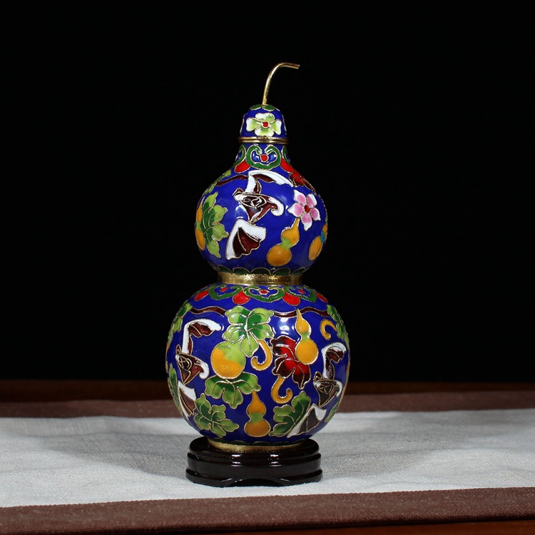 Beijing Cloisonne craft cultural gift and decoration piece: 6-inch gourd with copper body, cloisonne enamel, filigree and silver blue pic 5
