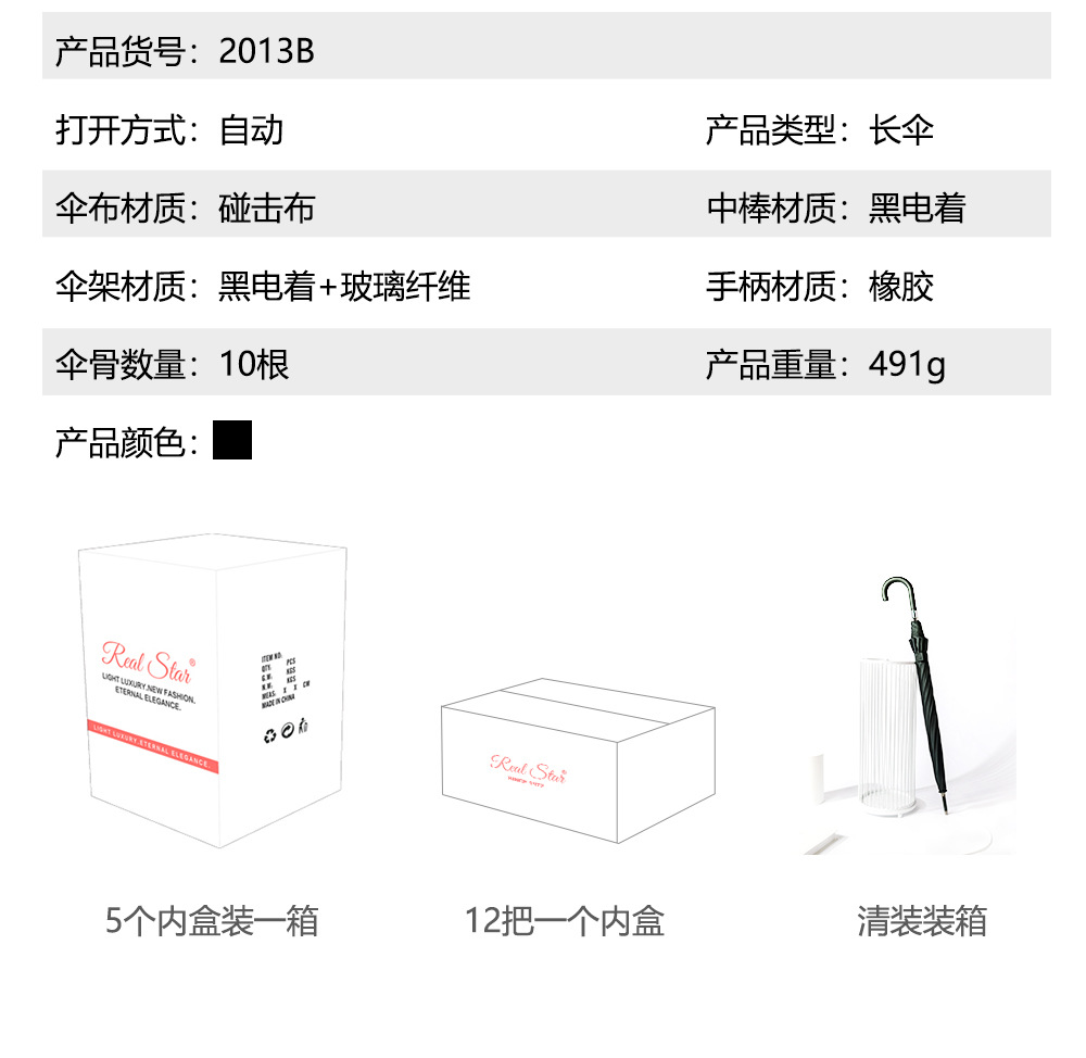 黑色长柄伞65cm25寸10骨碰击布伞面自动长伞现货外贸批发商务雨伞详情6