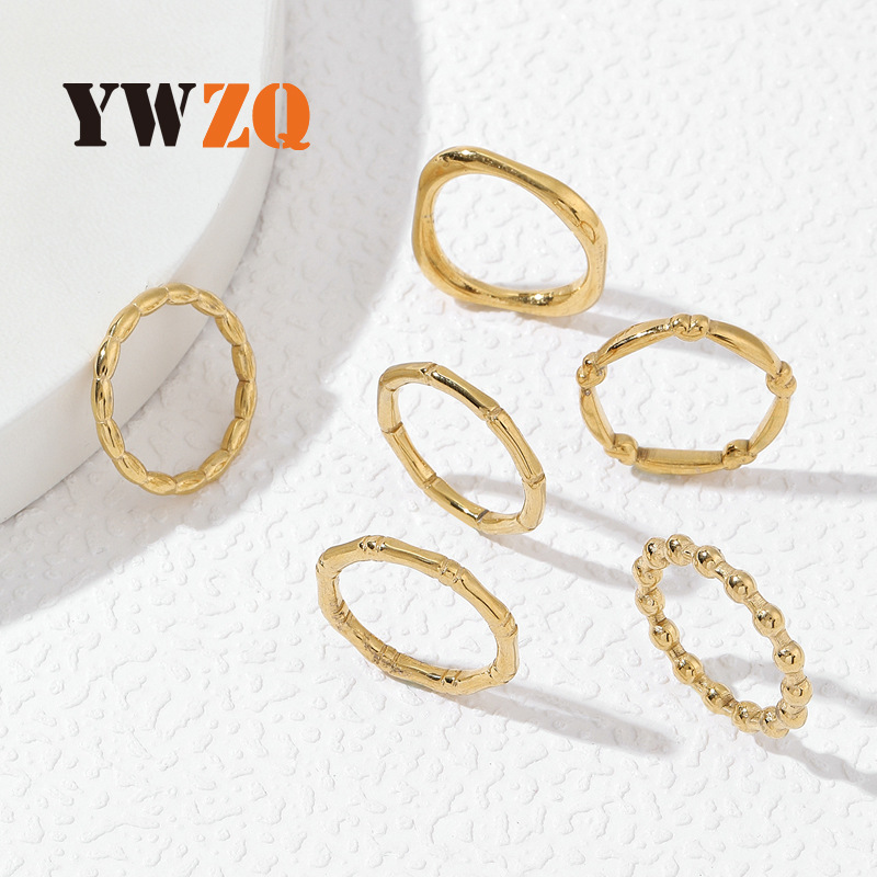 跨境新品 油压不锈钢竹节戒指女 六款异形图案指环小众钛钢饰品厂详情3