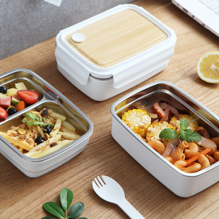 Japanese-style bamboo and wood lid double-layer plastic lunch box, microwave portable lunch box set, student and office worker lunch box pic 3