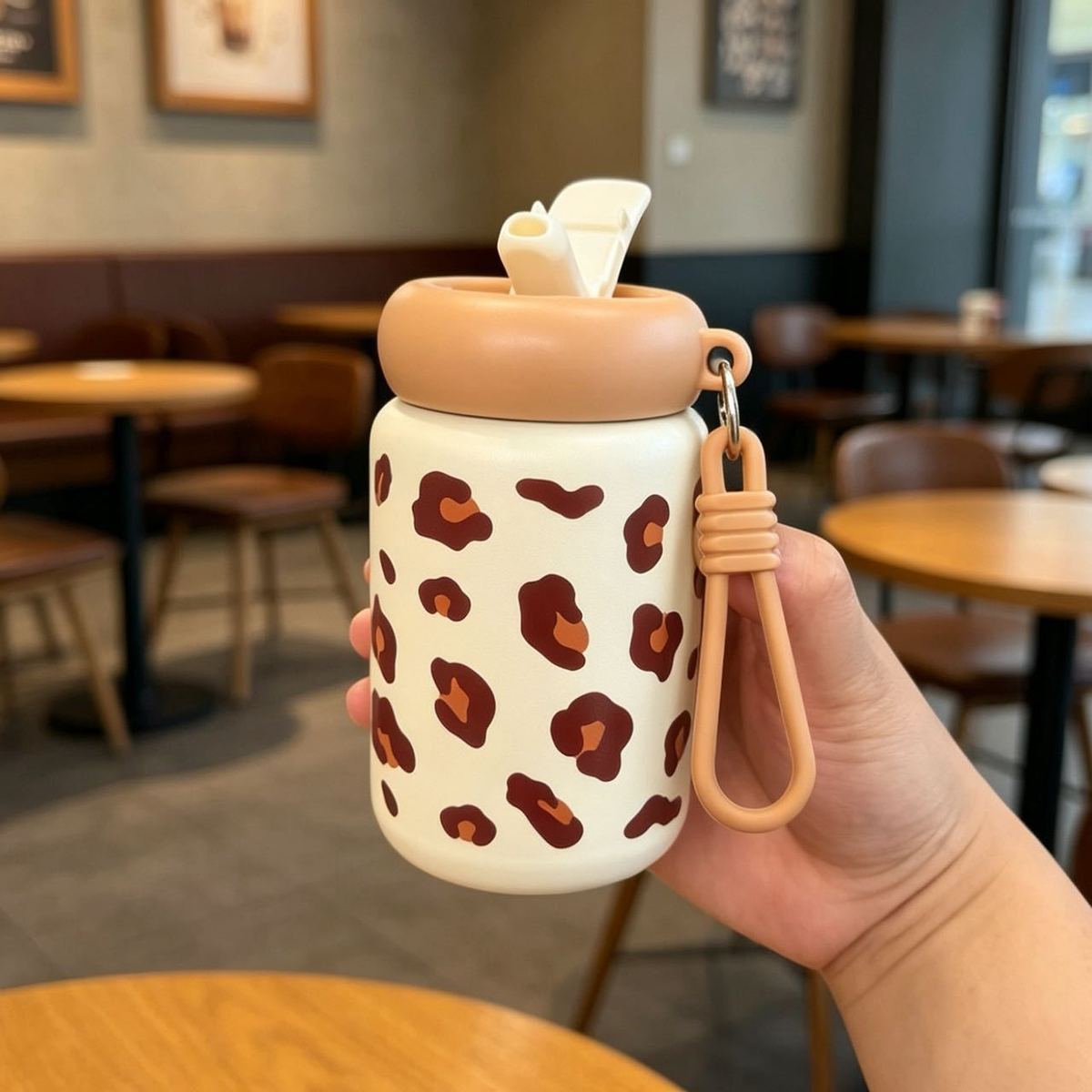 Thermos cups for girls, niche, high-appearure-level students, portable outdoor leopard print straw cups, stainless steel cups pic 10
