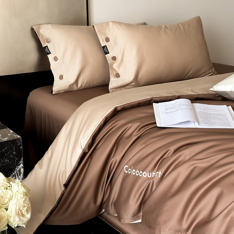 Simple, light luxury and fashionable solid-color long-staple cotton four-piece set, pure cotton letter-embroidered duvet cover, double bedding pic 69