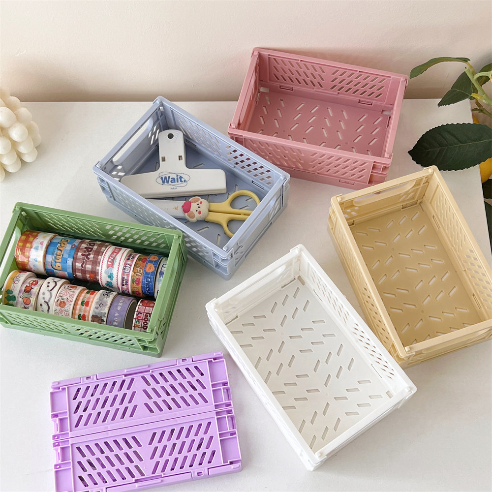 Tengyi mini caja de almacenamiento de plástico plegable organizador de mesa de estudiante tienda de mano cinta de papelería cesta plegable cesta de objetos pic 13