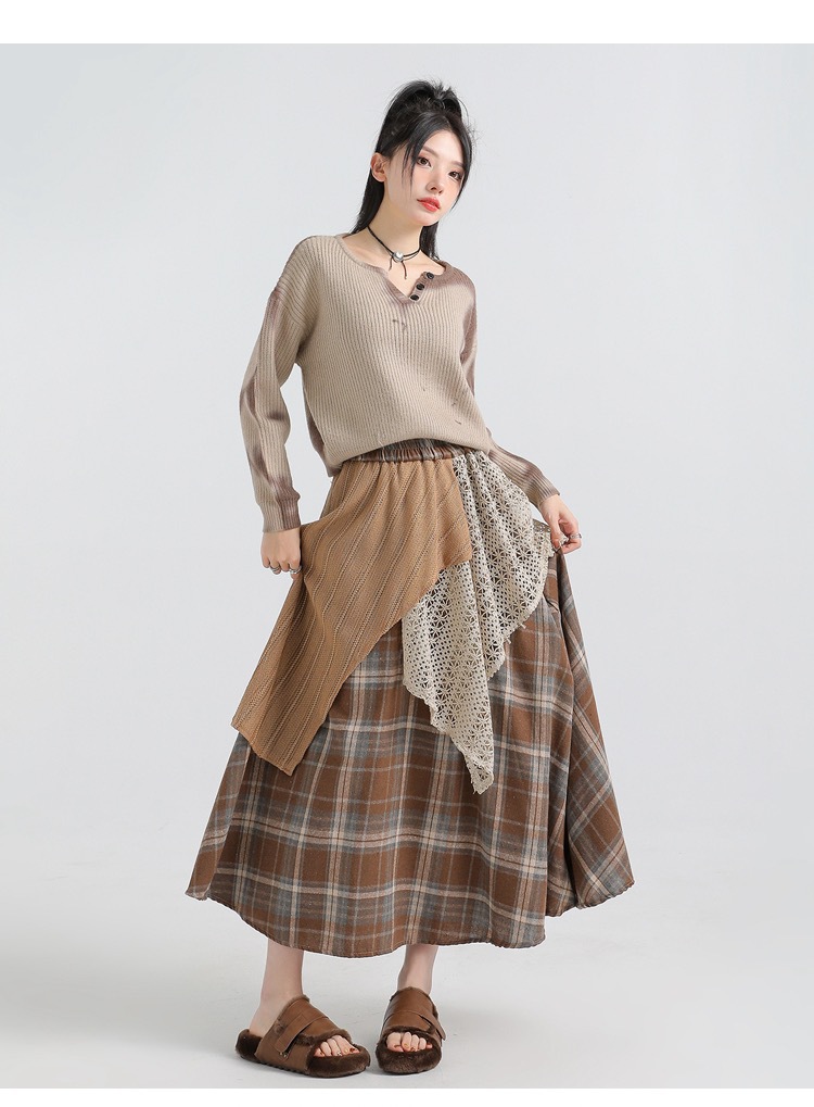 Forest-themed retro checkered skirt for women 2025 new autumn and winter design, irregularly pieced high-waisted A-line long dress pic 40
