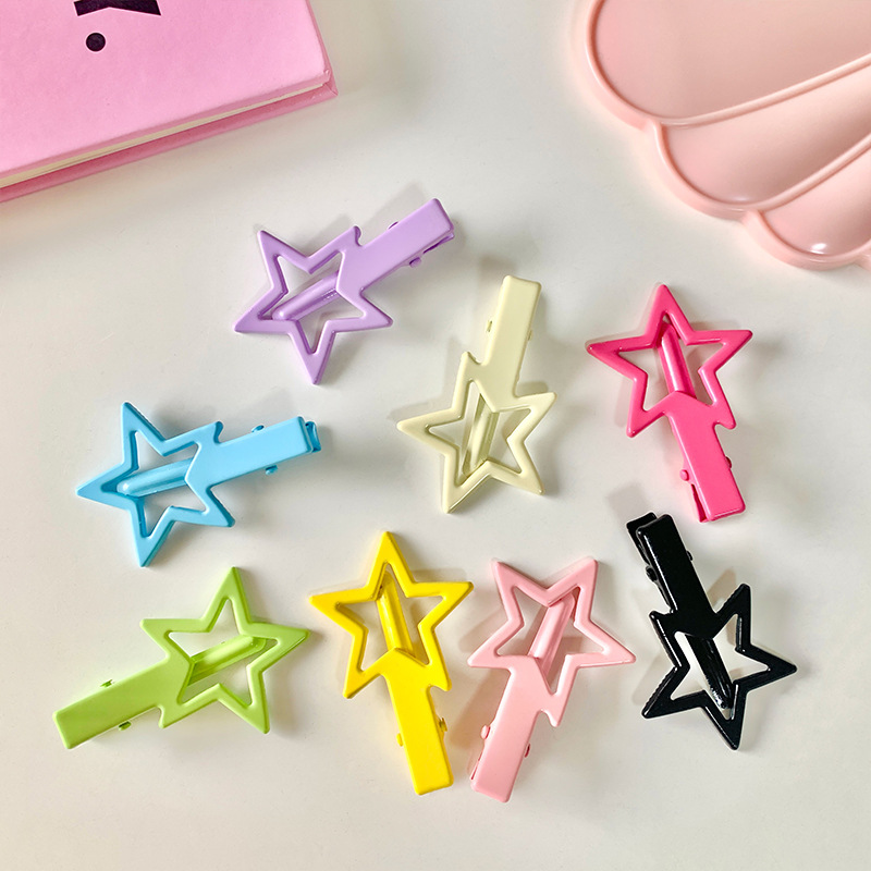 Candy-colored star hair clips for women, side bangs on the forehead, sweet hair clips, five-pointed star broken hair clips, duckbill headwear pic 6