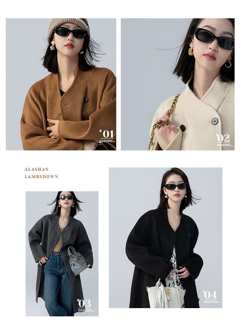 The new stand-up collar double-sided cashmere coat for women in the spring and autumn of 2025 is a long cocoon-shaped alpaca wool woolen coat. It is a popular woolen coat pic 14
