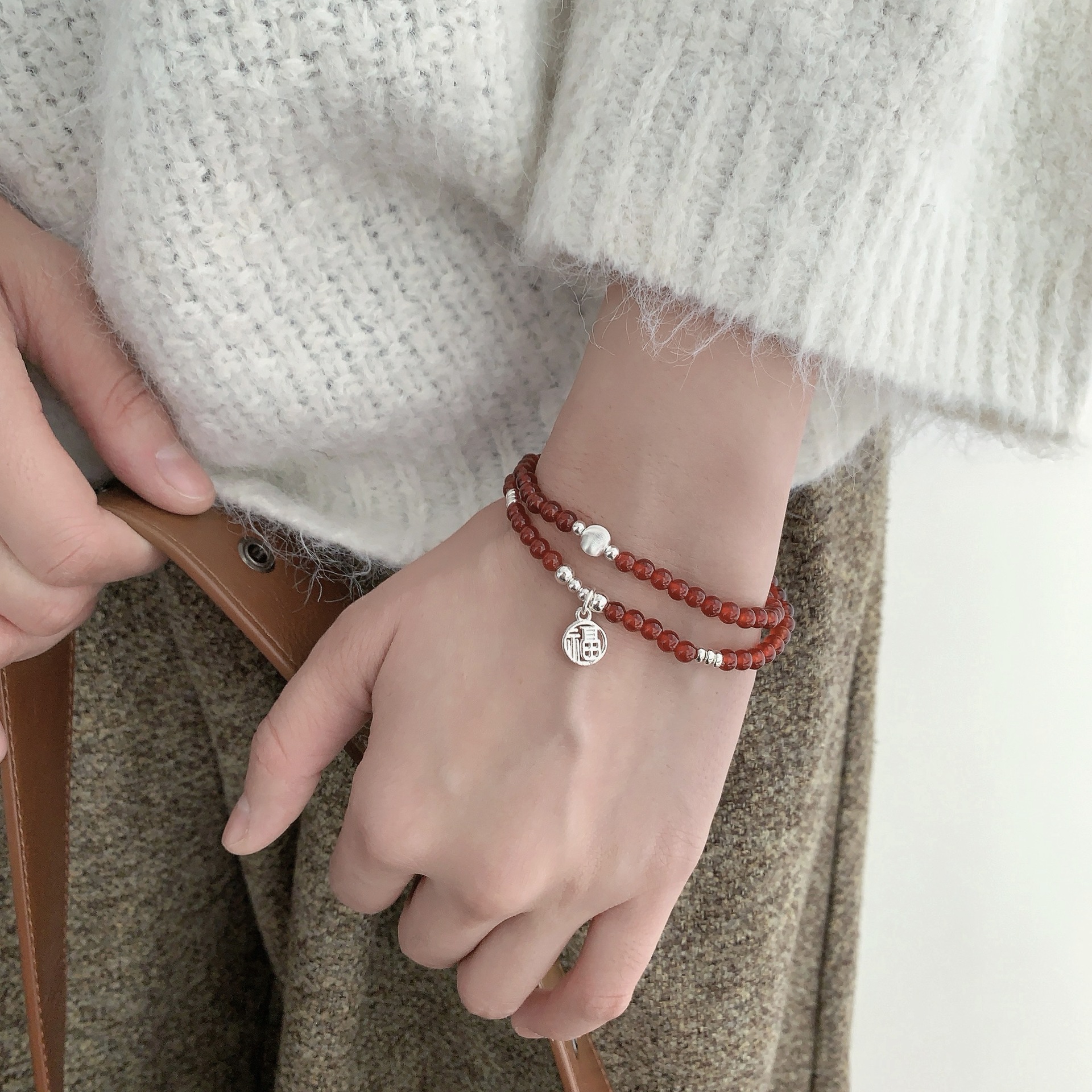 S925 sterling silver 11.27 Fupai red agate cat eye bead bracelet for women, a new Chinese-style niche high-end double-loop bracelet pic 6