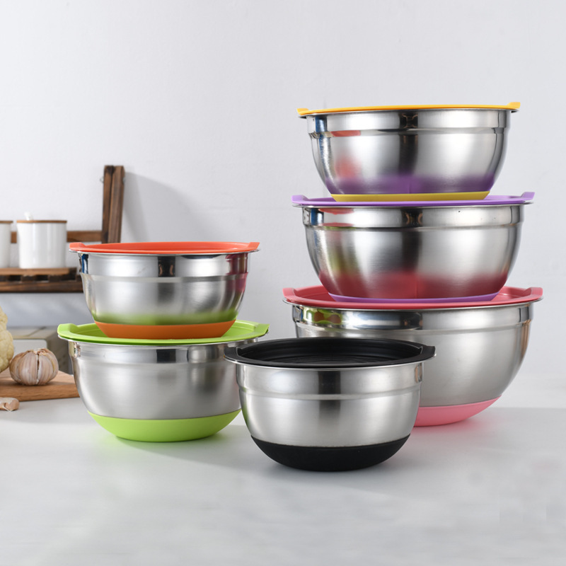 Stainless steel salad bowl, khaki black silicone bottom, anti-slip cover, grater, egg beater set, baking mixing bowl pic 16