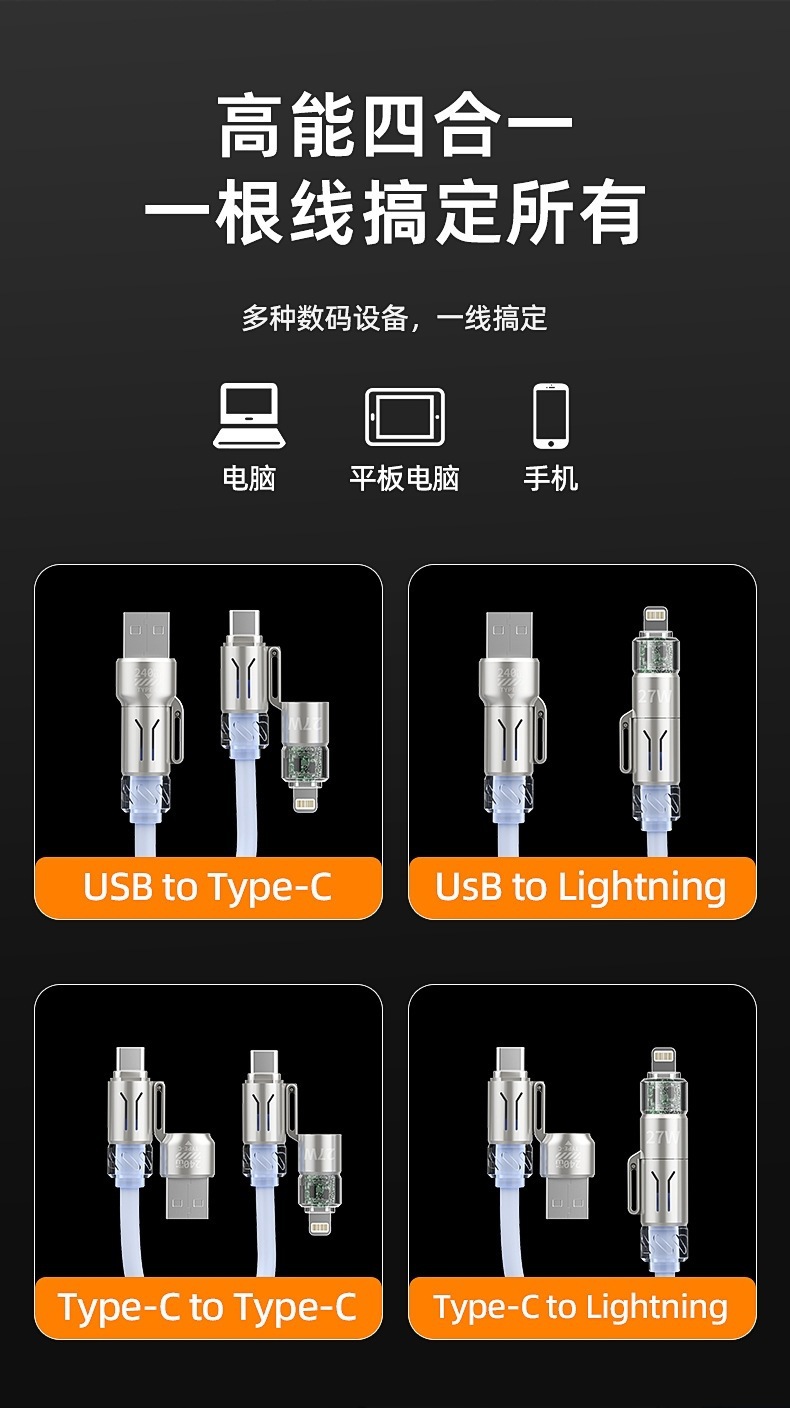 240W数据线四合一车载弹簧香薰发光数据线适用苹果华为type-c快充详情2