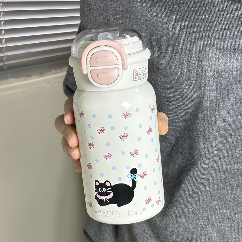 简约小猫保温杯可爱高颜值女生学生吸管杯儿童316不锈钢双饮水杯详情13