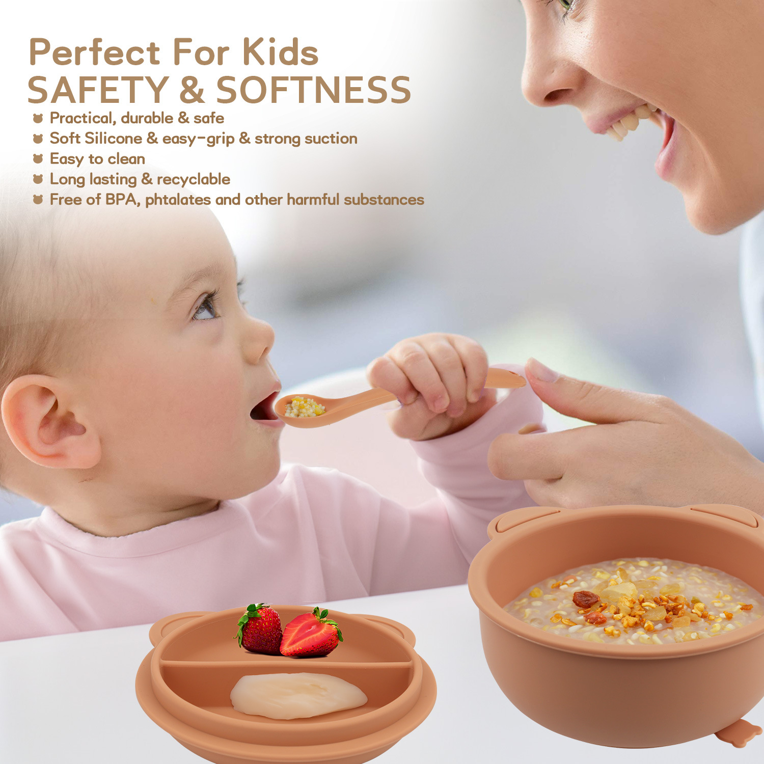 小熊品牌儿童硅胶碗带盖 宝宝辅食碗微波炉可加热 零食碗大力吸盘防打翻 日用喂养餐具安全健康详情6