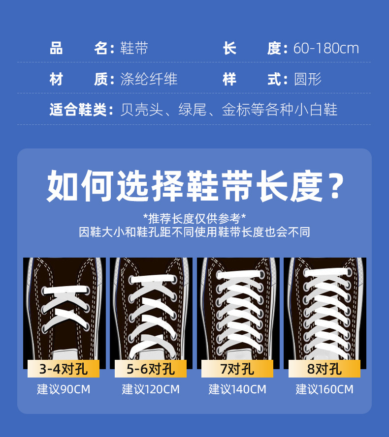 现货圆形鞋带涤纶白色加密圆绳登山老爹运动鞋篮球鞋带绳一双批发详情3