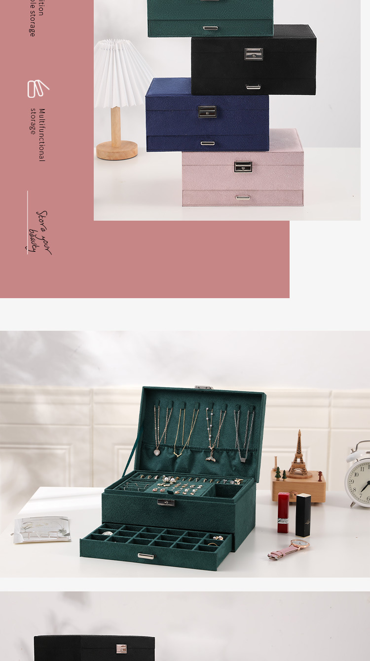 绒布首饰盒三层带锁珠宝项链收纳盒手表耳饰耳钉戒指盒大容量详情6