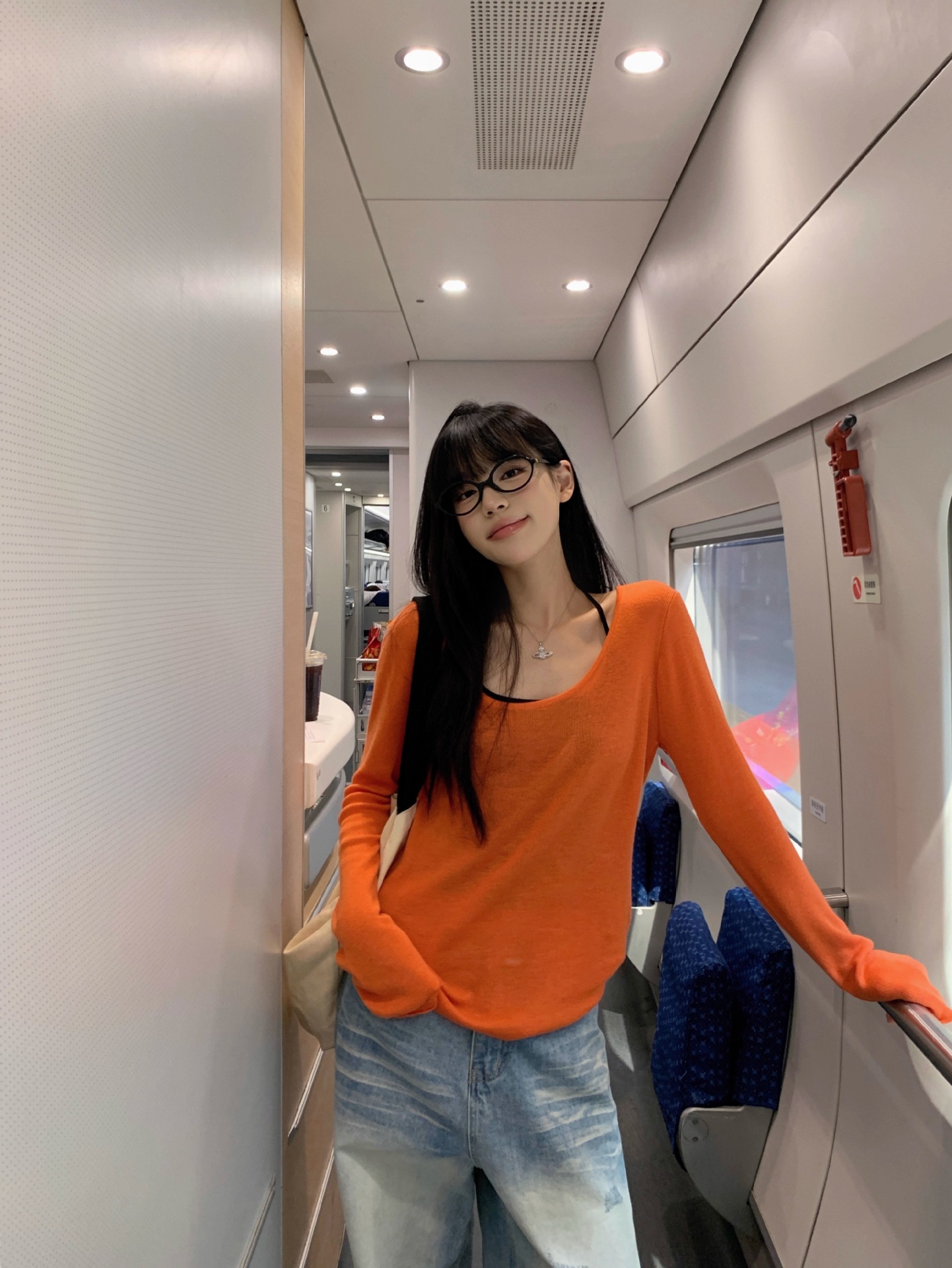 2025夏纯欲橘色薄款长袖防晒罩衫T恤女夏季辣妹宽松休闲露肩上衣详情28