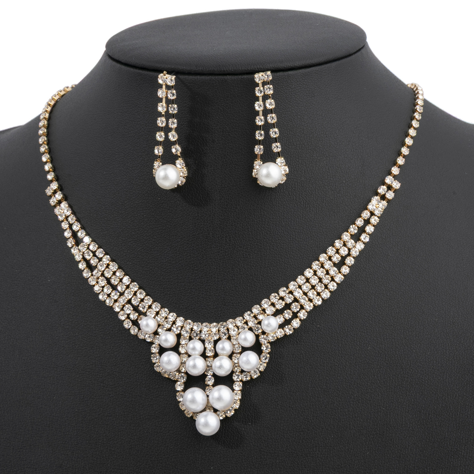 Cross-border supply, wedding banquet, elegant pearl and rhinestone necklace, earrings, three-dimensional hollowed-out design jewelry set, chain set pic 6
