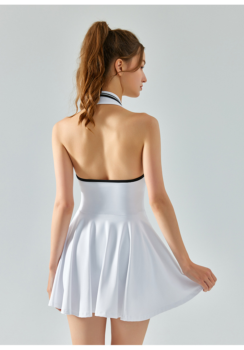 New halter-neck contrasting color lapel sports one-piece dress for women with chest pads, fitness, revealing back and anti-glare tennis dress pic 30