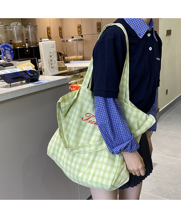 ins风字母格纹大容量托特包女2025新款度假风单肩斜挎包购物包详情16