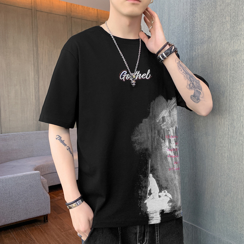 2025夏季新款男士短袖t恤ins国潮宽松上衣潮流男装衣服冰丝体恤衫详情7