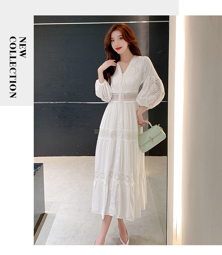 2024流行款连衣裙春夏白色甜美法式泡泡袖过膝长裙沙滩裙出游裙子详情19