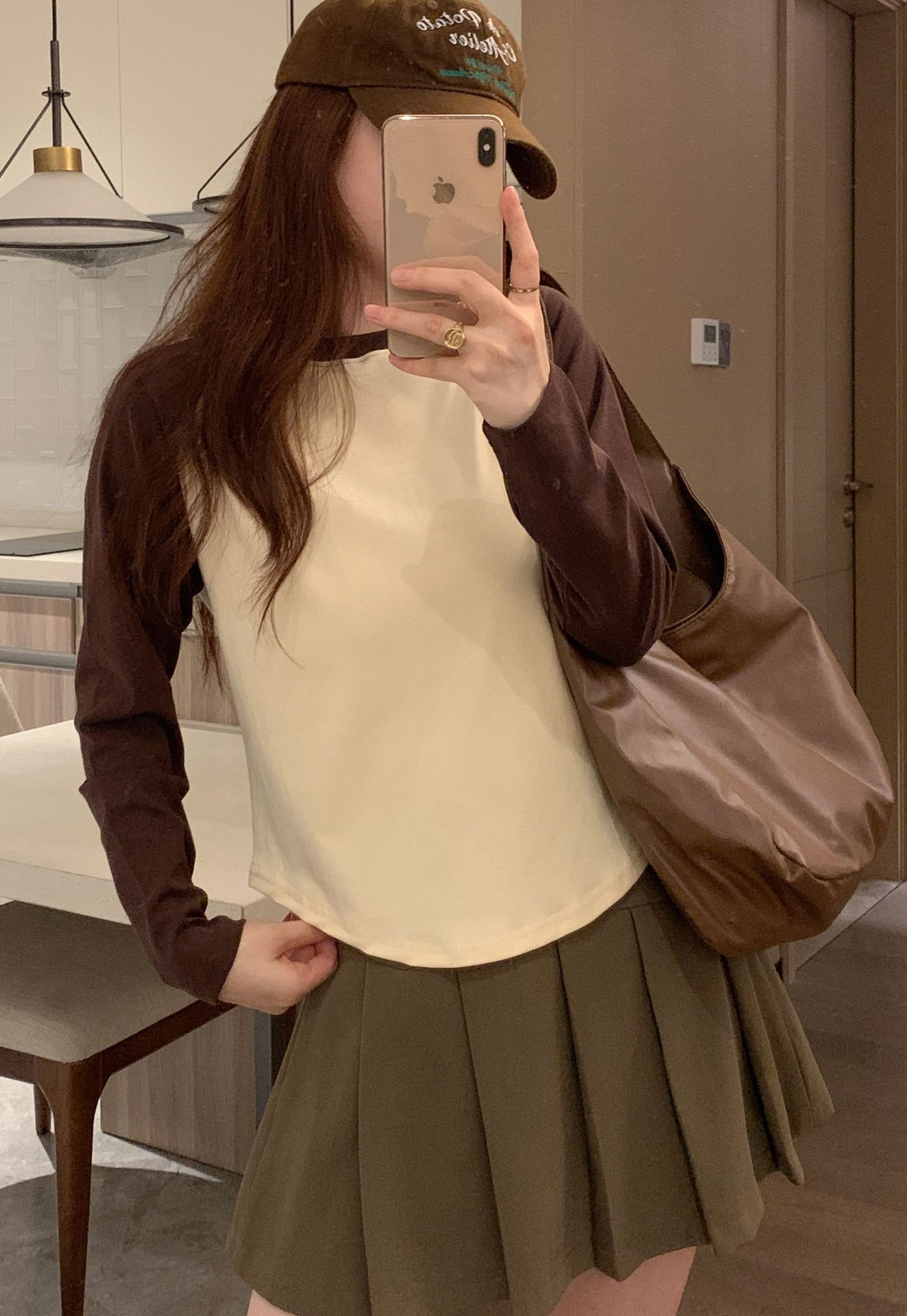 撞色拼接修身长袖t恤女春季韩版内搭打底衫插肩袖短款高腰上衣ins详情1