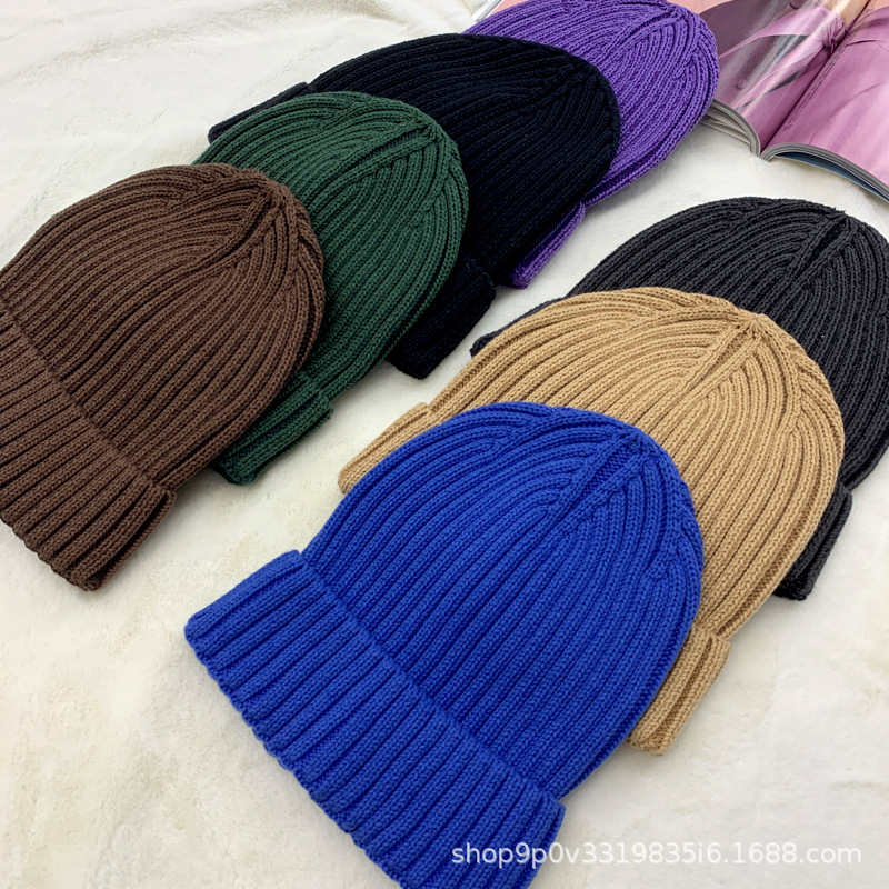 New solid-color, versatile woolen cap for autumn and winter, a fashionable cold cap for European and American export, warm, high-quality, rolled-up, trendy knitted cap pic 9