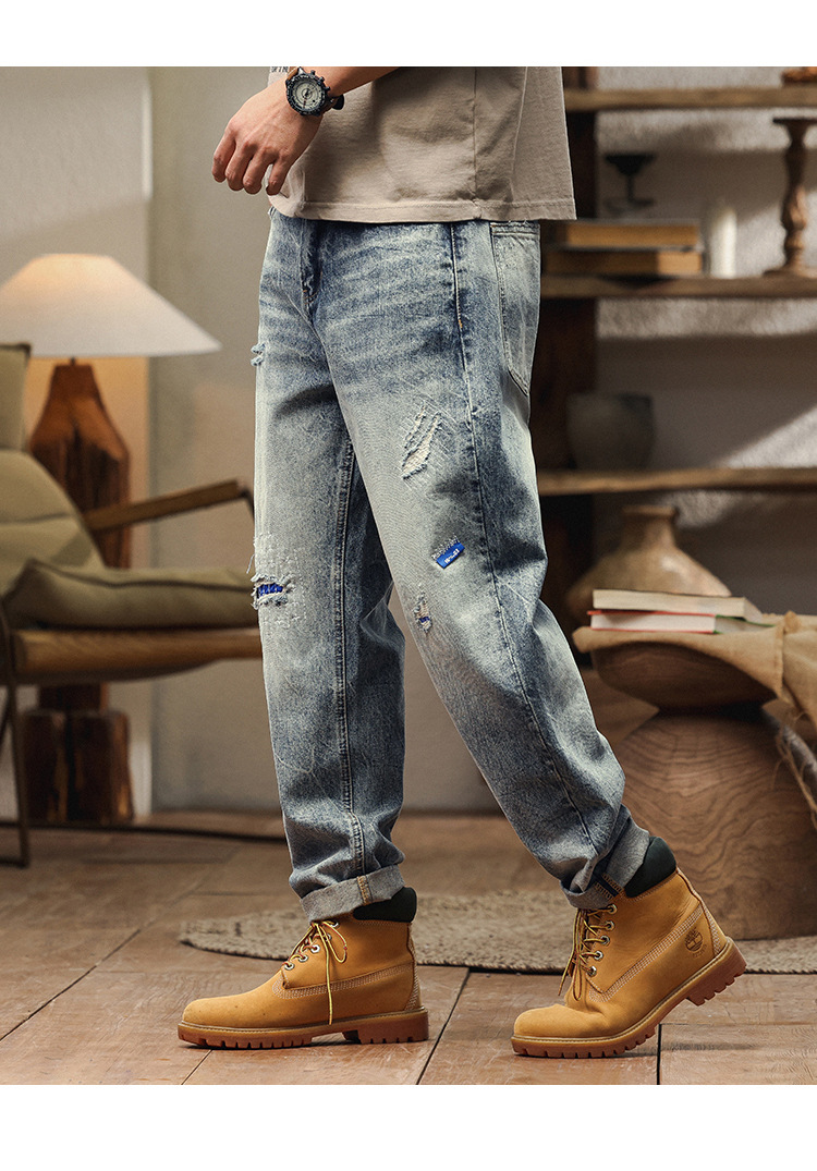 美式复古破洞牛仔裤男宽松直筒潮牌重磅水洗刺绣时尚哈伦男装长裤 男士时尚牛仔裤详情12